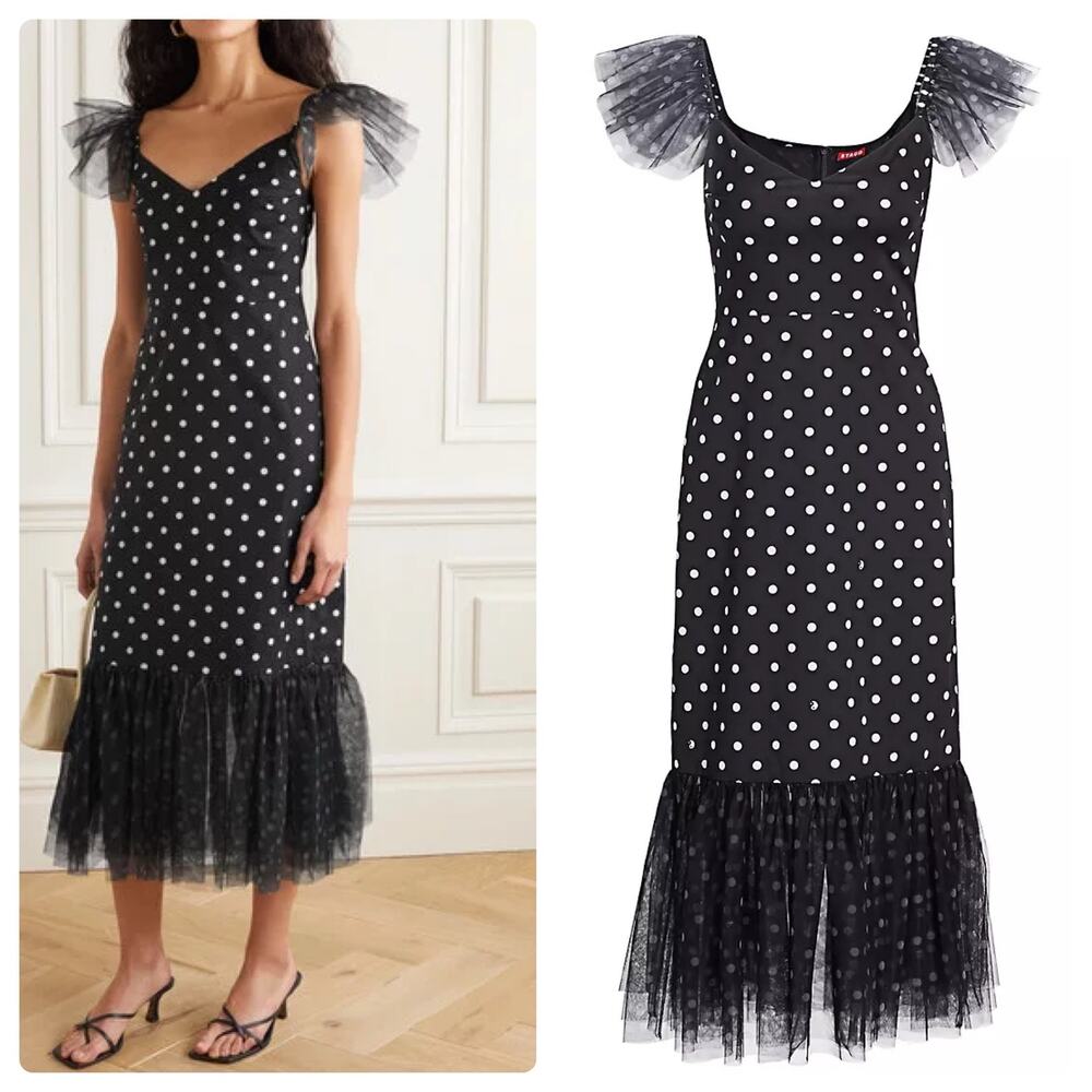 NWT Staud Marwa Polka Dot Tulle Ruffle Midi Dress